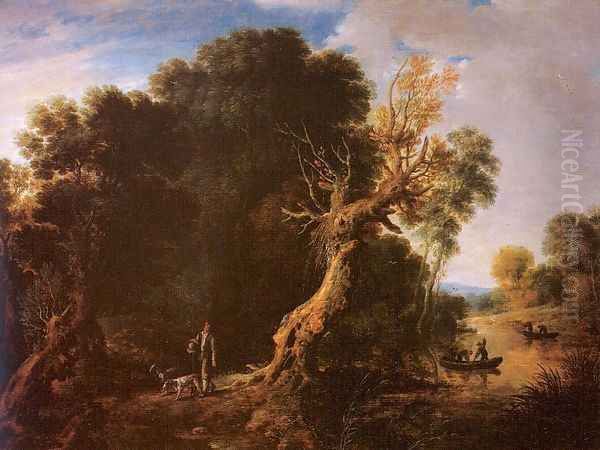 Wooded Landscape with Lake and Fishing Boats Oil Painting by Bonaventure II Peeters