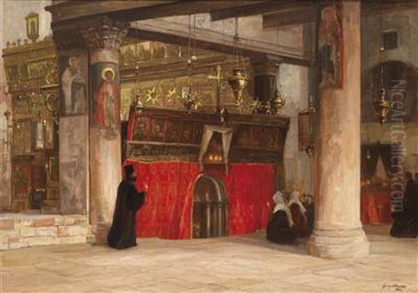 View Ofthe Interior Of The Orthodox Church In Bethlehem Oil Painting by Georg Macco