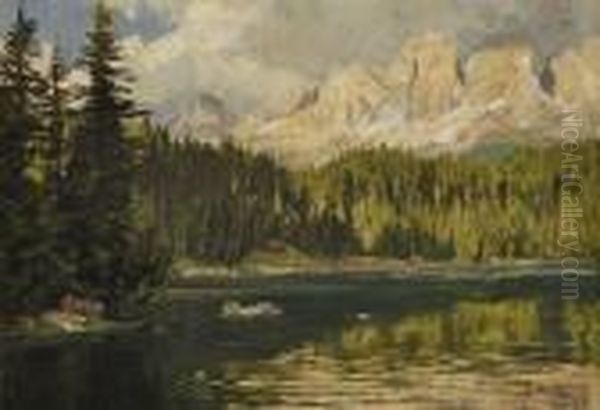 Blick Vom Karersee Auf Den Rosengarten Oil Painting by Georg Macco