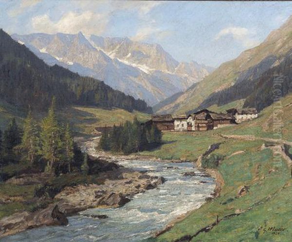 Sommerliches Alpental Mit Weiler. Oil Painting by Georg Macco