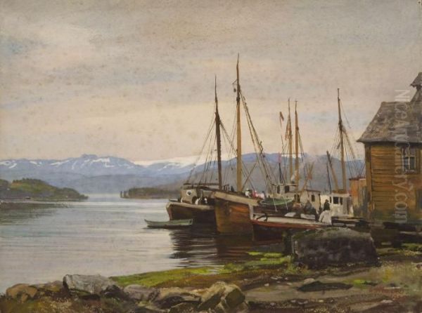 Norheimsund - Schiffe Im Hafen. Oil Painting by Georg Macco