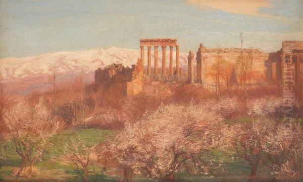 Baalbek Le Matin Avec Les Montagnes Du Liban Oil Painting by Georg Macco