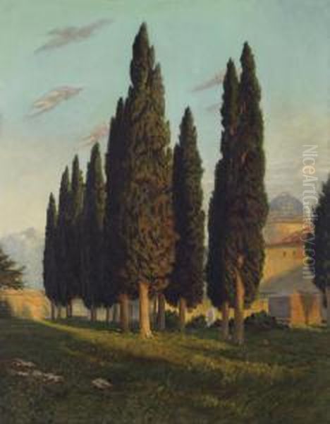 Landscape With Poplar Trees Oil Painting by Georg Macco