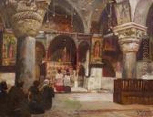 Kircheninneres Mit Franziskanermonchen. Oil Painting by Georg Macco