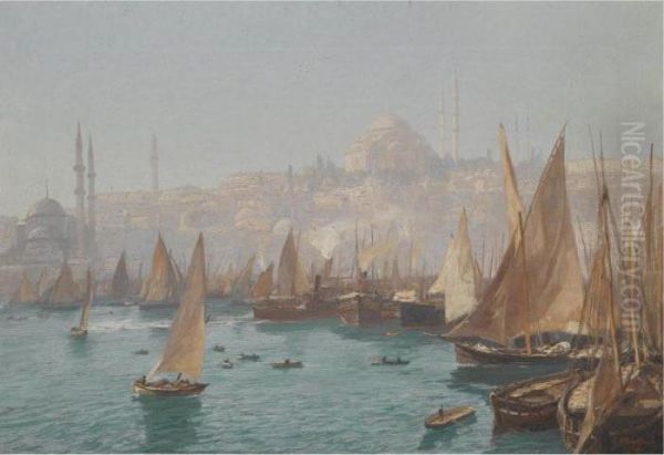 Boats In The Port Of Constantinople Oil Painting by Georg Macco