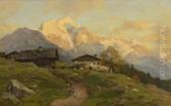 Blick Uber Einen Bergbauernhof Auf
 Den Hohen Goll. Oil Painting by Georg Macco