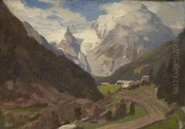 Blick Durch Ein Gebirgstal Auf Den
 Monte Rosa. Oil Painting by Georg Macco