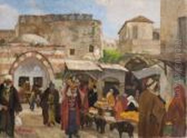 Jerusalem - Markt Vor Dem
 Damaskustor. Oil Painting by Georg Macco