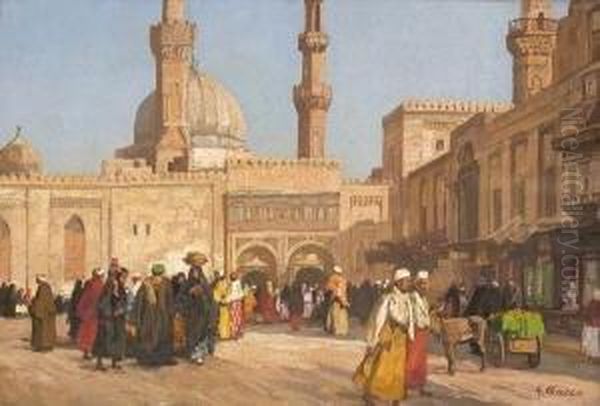 Strasenszene Vor Der
 Al-azhar-universitat In Kairo. Oil Painting by Georg Macco