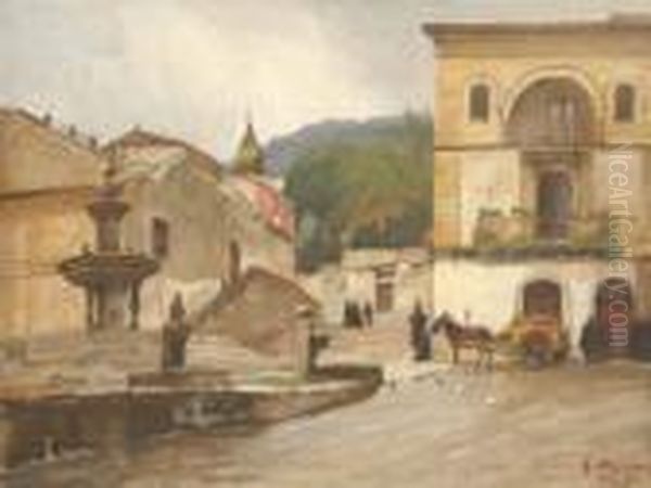 Taormina - Piazza Del
 Duomo. Oil Painting by Georg Macco