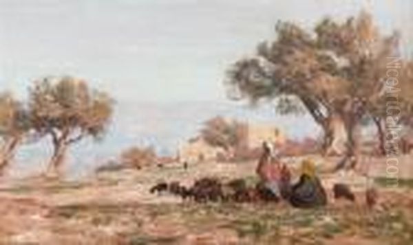 Arabs And Flock Of Sheep In An Oasis Oil Painting by Georg Macco