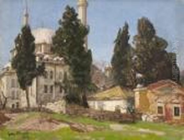 Blick Auf Die Eyup-sultan-moschee
 In Istanbul. Oil Painting by Georg Macco