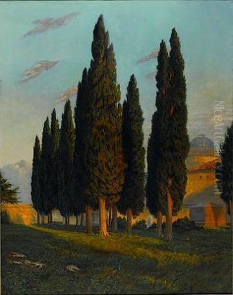 Cypress In A Landscape Oil Painting by Georg Macco