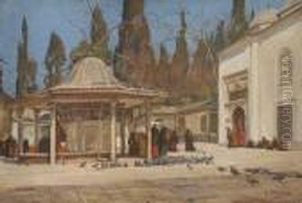 Innenhof Der Eyup-sultan-moschee
 In Istanbul. Oil Painting by Georg Macco