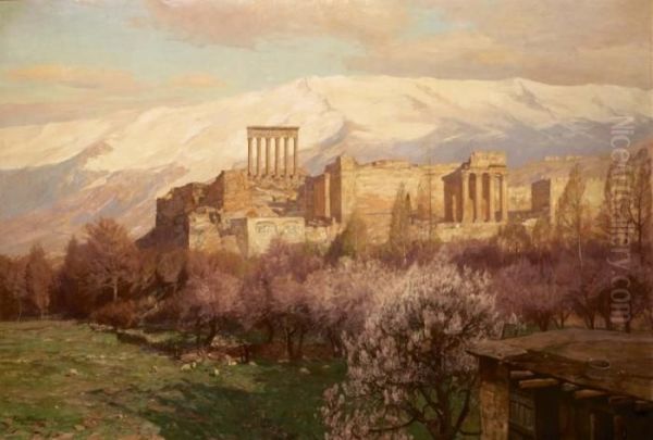 Le Rovine Del Tempio Del Sole A Baolbec In Turchia - 190(?) Oil Painting by Georg Macco