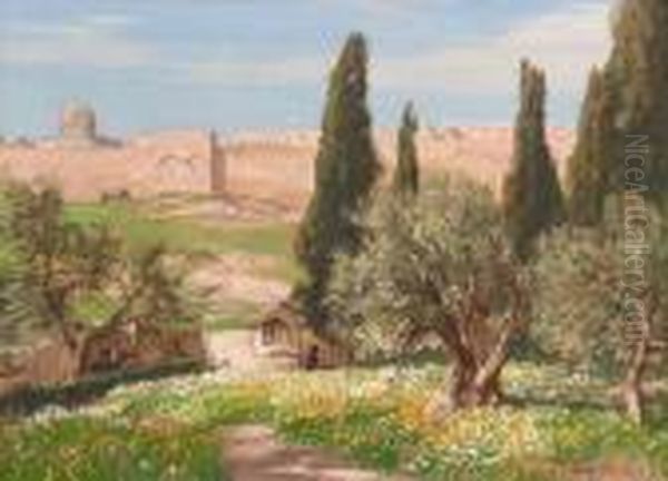 Garden Of Gethsemane, Jerusalem Oil Painting by Georg Macco