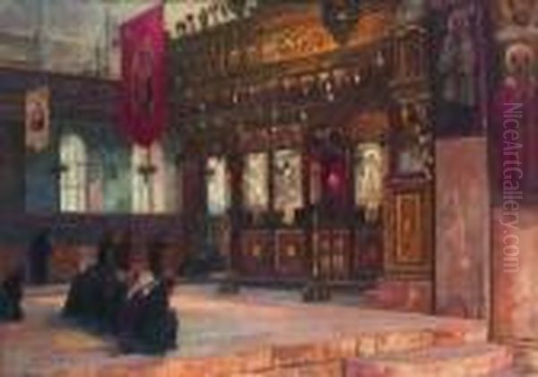 Innenraum Einer Orthodoxen Kirche
 Mit Ikonostase Und Betenden Glaubigen Oil Painting by Georg Macco