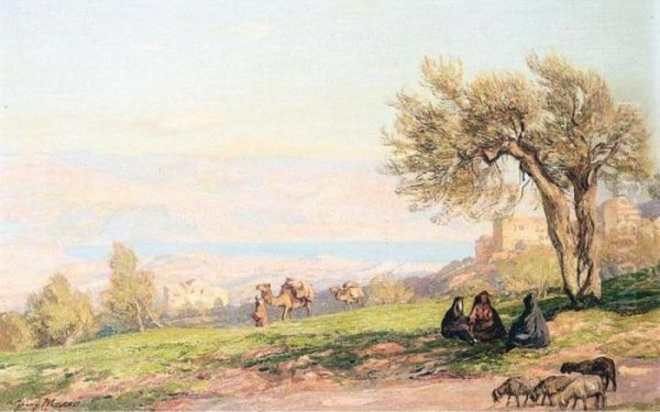 Shepherds Resting In The Shade Of A Tree Oil Painting by Georg Macco