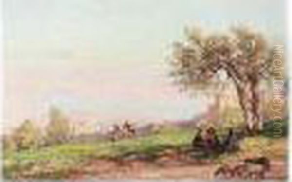 Shepherds Resting In The Shade Of A Tree Oil Painting by Georg Macco