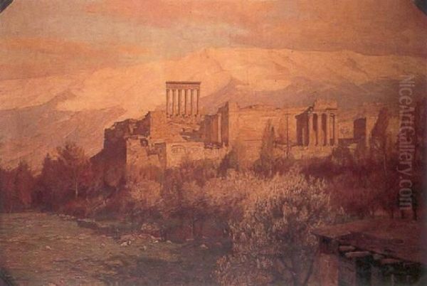 The Ruins Of The Temple Of The Sun At Baalbec Oil Painting by Georg Macco