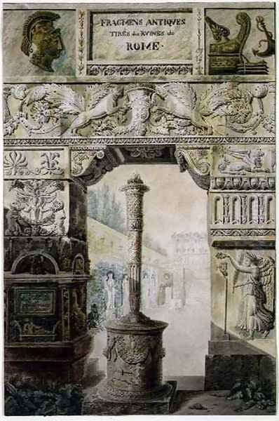 Antique Fragments from Ancient Rome, design for a title page from Palais, Maisons et Autres Edifices Modernes, Dessines a Rome by Charles Percier and Francois Leonard Fontaine 1762-1853 pub. Paris, 1798 Oil Painting by Charles Percier