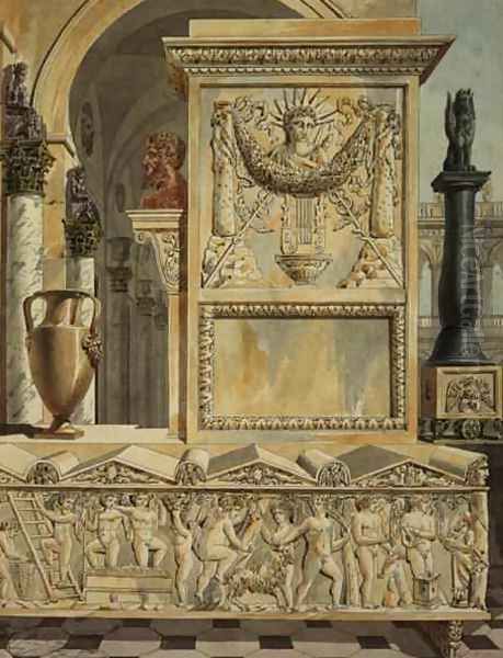 A Classical Capriccio with a Sarcophagus, design for a title page from Palais, Maisons et Autres Edifices Modernes, Dessines a Rome by Charles Percier and Francois Leonard Fontaine 1762-1853 pub. Paris, 1798 Oil Painting by Charles Percier