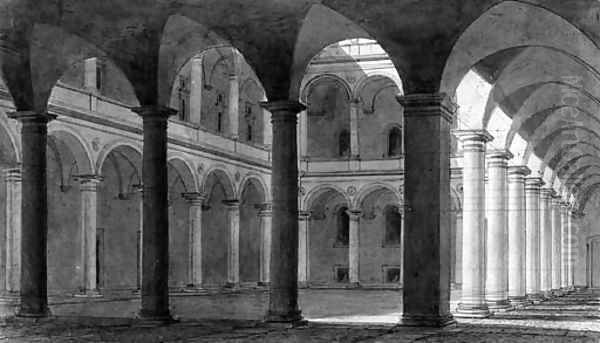 The Interior of a Courtyard of the Palazzo della Cancelleria, Rome Oil Painting by Charles Percier