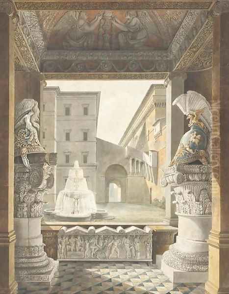 A Roman courtyard seen from a loggia decorated with antique helmets on composite columns and a sarcophagus Oil Painting by Charles Percier