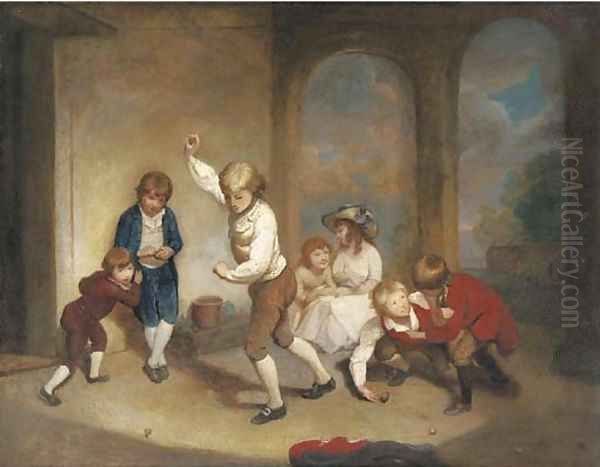 Boys playing at peg-top in the cloisters at Westminster School Oil Painting by Richard Morton Paye