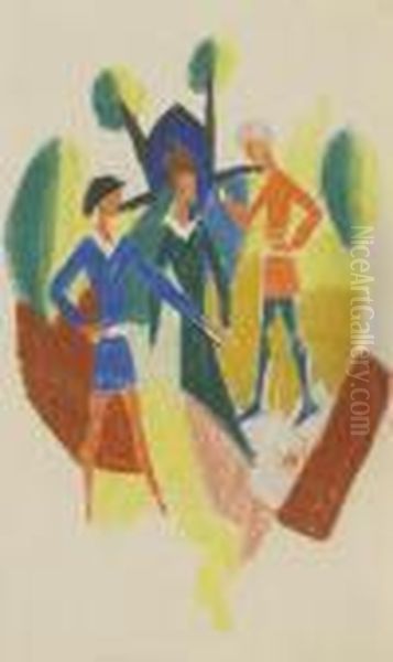 Zwei Manner Und Frau (stickerei) Oil Painting by August Macke