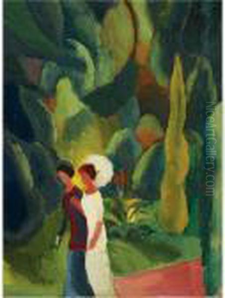 Frauen Im Park (mit Weissem Schirm) Oil Painting by August Macke