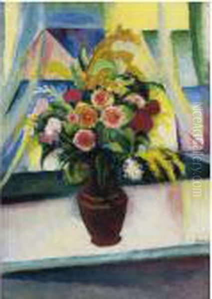 Stilleben: Bunter Blumenstrauss Vor Dem Fenster Oil Painting by August Macke