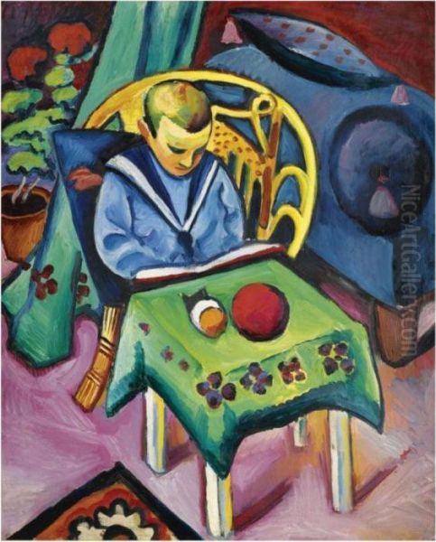 Junge Mit Buch Und Spielsachen (boy With Book And Toys) Oil Painting by August Macke