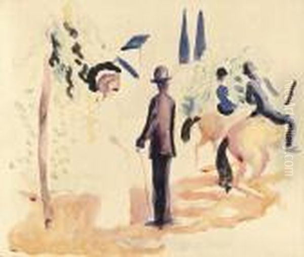 Reiter Und Spazierganger (recto); Weiblicher Akt Vor Hausern(verso) Oil Painting by August Macke