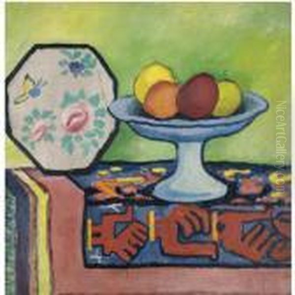 Stilleben Mit Apfelschale Und 
Japanischem Facher (still-life With Bowl Of Apples And Japanese Fan) Oil Painting by August Macke