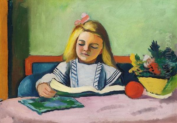 Blondes Madchen Mit Buch Oil Painting by August Macke