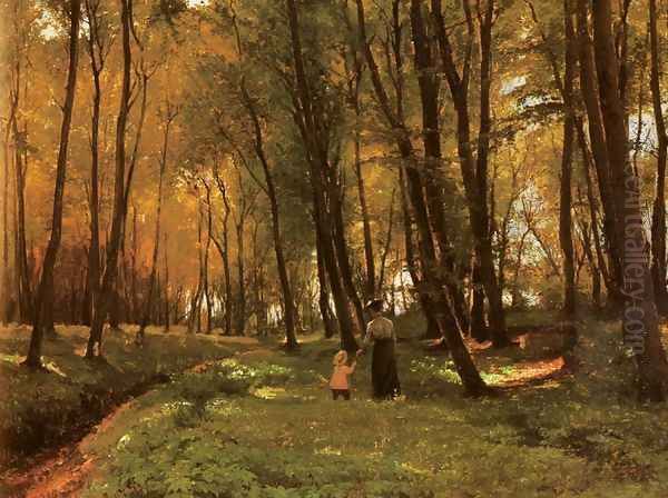 A Walk In The Woods Oil Painting by Edvard Frederik Petersen