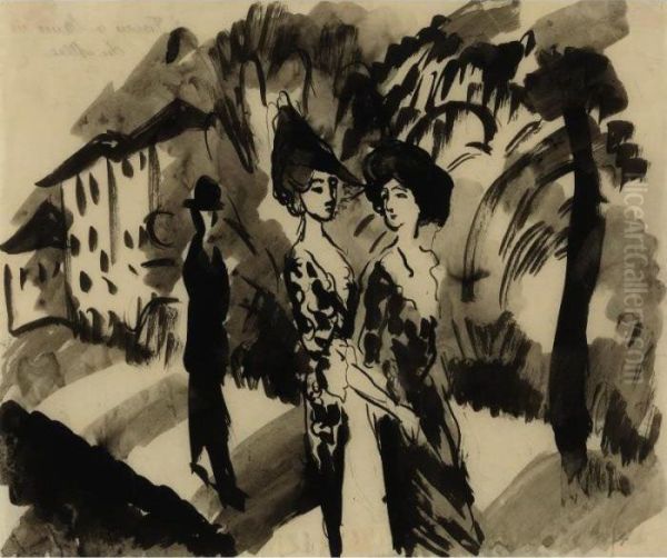 Zwei Frauen Und Mann In Der Allee (two Women And A Man On An Avenue) Oil Painting by August Macke