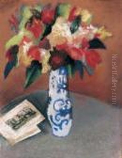 Tulpenstraus In Blau-weiser Vase Oil Painting by August Macke