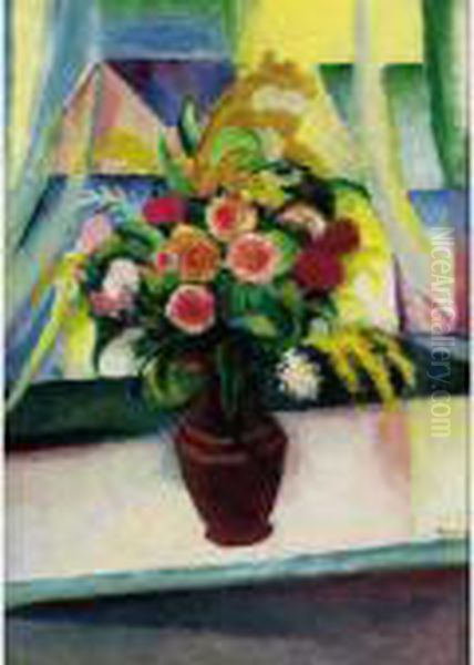 Stilleben: Bunter Blumenstrauss 
Vor Dem Fenster (still Life: Colourful Bunch Of Flowers In Front Of A 
Window) Oil Painting by August Macke