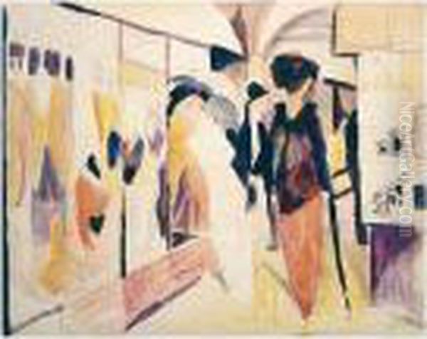 Modegeschaft Im Laubengang (fashion Shop In A Leafy Street) Oil Painting by August Macke