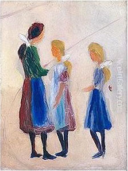 Drei Madchen Mit Weissen Haarschleifen (three Girls With White Bows) Oil Painting by August Macke