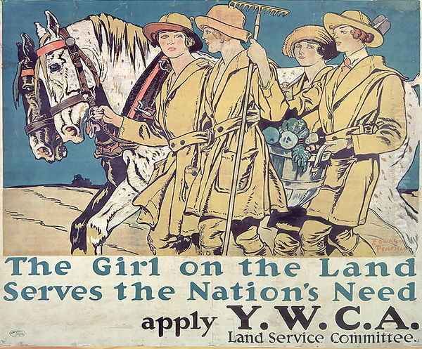 The Girl on the Land Serves the Nations Need, World War I YWCA poster Oil Painting by Edward Penfield