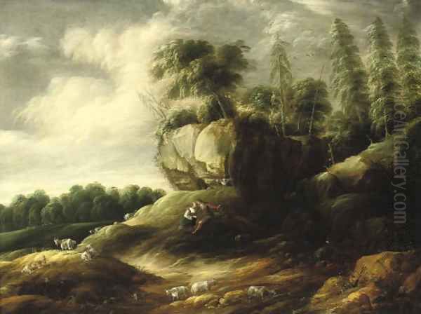 A wooded rocky landscape with a couple tending sheep Oil Painting by Gilles Peeters