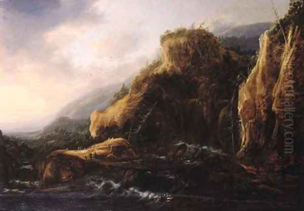 Travellers on a footbridge over a torrent in a mountainous landscape Oil Painting by Gilles Peeters