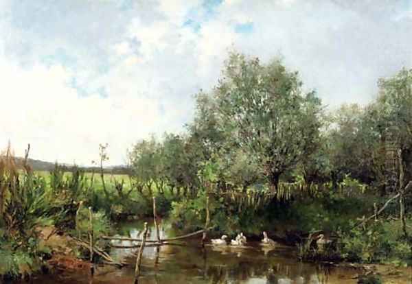 Ducks in a pond Oil Painting by Leon Germain Pelouse