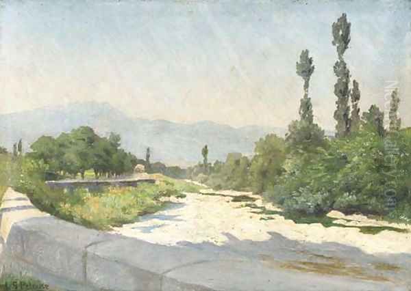 A rocky river bed in a sunlit landscape Oil Painting by Leon Germain Pelouse