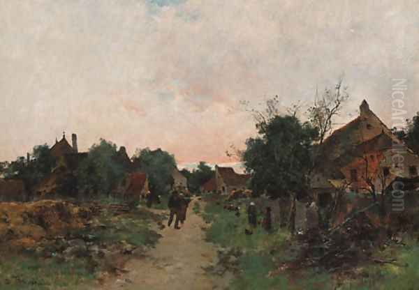 An evening stroll through farm buildings Oil Painting by Leon Germain Pelouse