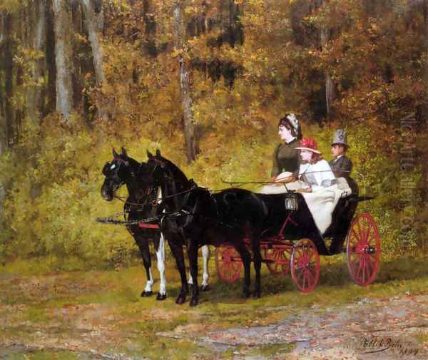 A Carridge Ride in the Forest Oil Painting by Bela Pallik