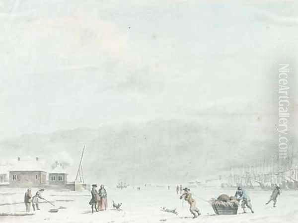 An extensive landscape with figures fishing and skating on the ice by a frozen port Oil Painting by Hendrik Pothoven